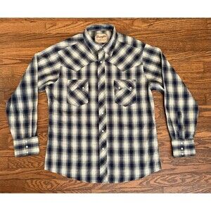 Vintage Wrangler Shirt Mens XL Blue Plaid Pearl Snap Sawtooth Western Cowboy